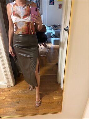 Olive Faux Leather High-Slit Pencil Skirt
